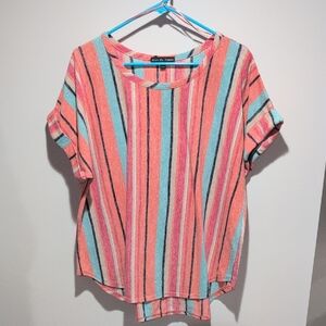 Kim & Cami Coral, Teal & Black Striped Short Sleeve Top